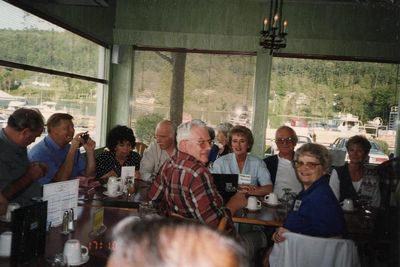 Cooperstown Reunion - 1996
Foreground, back to camera: Fran Streeter, `55 and Mary Battista Streeter, `55;
Left to Right:  Unkn man, #1; Art Batty, `52; Sylvia Lavista Persico, `69; Joe Persico, `52; Georgiana Panton; Jim Panton, `53; Unknown woman (Marie Burns?)
