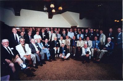 Reunion 1999 - Albany
Group photo taken in the Boulevard Cafeteria.  Help needed with IDs
Seated on floor, L to R: #46  Robert Fairbanks, `64;  #47  Claude Palczak, `53;
First Row, Seated, L to R:  #1 Tom Mitchell, `53;  #2 Unidentified;  #3 Bob Umholtz, `51;  #4 Alfred Basch, `31;
#5 Grenfell Rand, `34;  #6 Ted Bayer, `52;  #7 Michael Lamanna, 51;  #8 Harry Johnson, `52;  #9 John Centra, `54; #10 Joe Stella, 54; #11 Jim Finnen, `54; #12 Peter McManus, `54; #13 Franklin Hansen, `43;
Second Row, Standing, L to R: #15 Fran Rogers, `54; #16 Unk; #17 Bob Lanni, `52; #18 Ray Gibb, `53; #19 Paul Ward, `53; #20 Arnie Dansky, `52; #21 Harold Smith, `53; #22 Ray Champlin, `52; #23 Gerry Holzman, `54; #24 Tom Benenati, `53; #25 Bernard McEvoy, `57; #26 Unk; #27 Frank Candito, `58?; #28 Unk; 
Third Row, L to R: #29 Milan Krchniak, 53 (partially hidden); #30 Joe Dolan?, `53; #31 Unk; #32 Unk; #34 Peter Telfer, `53; #35 Unk; #36 Tom Yole, `52; #37 Fran Streeter, `53; #38 Unk; #39 Jim Panton, `53; #40 Unk; #41 Unk;
#42 Unk; #43 George Wood, `54; #44 Joe McCormack?, `53; #45 Unk
