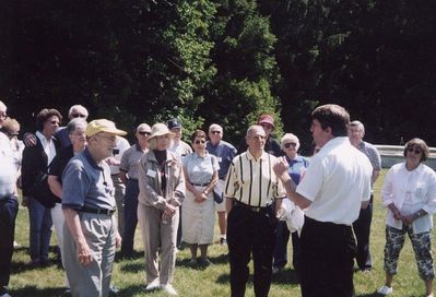 2002 Saratoga Springs Reunion
Group on tour.
L to R: (partially hidden) Don Burns, `52; Phyllis and Peter Telfer, `53; Marie Burns?; Unknown man in foreground; Bob Giammatteo, `53; Anne Morrisey; Ray Champlin, `52; Cathy Giammatteo; Harry Johnson, `51; Tom Benenati, `53; (partially hidden) Fran Streeter, `55; Mary Battisti Streeter, `55; Tour Guide; Unknown man; Unknown woman
