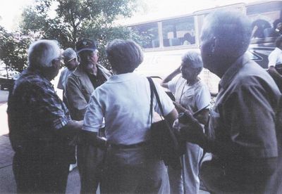 2002 Saratoga Springs Reunion
Boarding the Bus.
L to R: Unknown man; (in back) Al Kaehn, `52; Bernard McEvoy, `57; Unknown woman (back to camera); Barbara Strack McEvoy, `57; Bob Sage, `55 
