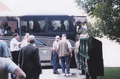 2002 Saratoga Springs Reunion
Boarding the Bus.
ID help needed.  Unknown man with back to camera.  Bob Giammatteo, `53; Ted Bayer?, `51
