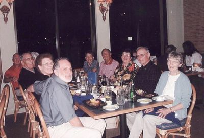 2004 Fort Meyers Beach February Mini Reunion of `53
Clockwise from front: Mike Lamarca; Barbara Smith; Tom Benenati; (hidden) Lyn Bonahue; Bob Giammatteo; Cathy Giammatteo; Ed Bonahue; Vivian Schiro Benenati, `56; Hal Smith; Joan LaMarca
