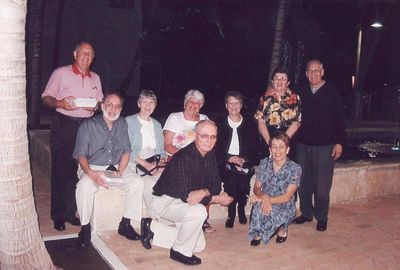 2004 Fort Meyers Beach February Mini Reunion of `53
In front: Hal Smith and Cathy Giammatteo;
L to R: Ed Bonahue; Mike LaMarca; Joan LaMarca; Lyn Bonahue; Barbara Smith; Vivian Schiro Benenati, `56; Tom Bebenati
