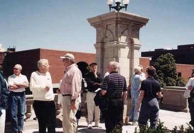 2004 Syracuse Reunion
At Syracuse University.
L to R: (Partially out of view) Dick Herodes, `58; Bob Giammatteo, `53; Bob Sage, `55; John Centra, `54 (Co-host); Hal Smith, `53; (back to camera) Jack Higham, `57; Pam Calabrese Weigand, `54; Art Weigand, `53; Unidentified woman (back to camera)
