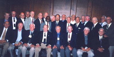 Mayville Potter Reunion - 2005 Group
Seated, L to R: John Centra, `54; Peter Telfer, `53; Claude Palczak, `54; Jim Finnen, `54; Paul Ward, `53; Tom Yole, `52; Jim Sweet, `56; Bob Sage, `55
Standing, L to R: Jim McCormack, `57; Jack Higham, `57; Pat Pearson, `65; Herb Egert, `53; George Wood, `54; Bob Lanni, `52; Jim Panton, `53; Dan Joy, `52; Austin Leahy, `57; David Sully, `66; Harold Johnson, `51; Robert Giammatteo, `53; George Schaertl, 52; Tom Benenati, `53; Bill Lindberg, `55; Bernard McEvoy, `57; Ray Champlin, `52; John Benton, `57; and Harold Smith, `53
