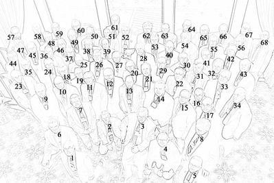 2006 Reunion 75th Anniversary Group Diagram with IDs
Arnold, Norm, '40 - #20; Bayer, Ted, '51 - #8; Benenati, Tom, '53 - #19; Benton, John, '57 - #56; Benton, Bob, '64 - #67; Blackman, Joe, '66 - #6; Bullock, Paul, '51 - #55; Button, Ben, '54 - #66; Capuano, Don, '55 - #18; Centra, John, '54 - #47; Champlin, Ray, '52 - #9; Coan, Bob, '55 - #14; Cross, Jr., Bob, '63 - #54; Culbert, Fred, '65 - #15; Dailey, Ross, '58 - #48; Davis, Doug, ' 69 - #62; Dolan, Joe, '52 - #57; Doran, Ken, '39 - #39; Egert, Herb, '53 - #38; Fairbanks, Bob, '64) - #2; Finnen, Jim '54 - #34; Franco, Ed, '55 - #58; Graves, Ron, '58 - #26; Haser, Ken, '40 - #16; Higham, Jack, '57 - #5; Ioele, Frank '55 - #25; Jackson, Ben, '50 - #50; Jacobson, Dick, '53 - #37; Johnson, Harold, ' 51 - #46; Joy, Dan, '52 - #13; Kaehn, Al, '51 - #53; Kisiel, Don, '66 - #61; Krchniak, Milan, '53 - #27; Lanni, Bob, '52 - #30; Leggieri, Gerry, '68 - #52; Lein, Don, '55 - #21; Lindberg, Bill, '56 - #33; Ludlum, Ken, '51 - #64; Lynch, Howard, '43 - #40; Mazzarulli, Joe, '65 - #22; McEvoy, Frank, '57 - #44; McManus, Peter, '54 - #45; Nigriny, George, '64 - #35; Nolan, Don, '60 - #24; Palczak, Claude, '53 - #32; Panton, Jim, '53 - #49; Pearson, Pat, '65 - #17; Penfield, Doug, ' 60 - #43; Penfield, Gary, '63 - #42; Rodgers, Fran, '54) - #1; Schaertl, George, '52 - #68; Schneider, John, '65) - #31; Schroeck, Peter, '65 - #7; Smith, Harold, '53 - #11; 
Streeter, Fran, '53 - #3; Sully, David, '66 - #29; Sweet, Jim, '56 - #59; Telfer, Peter, '53 - #28; Umholtz, Bob, ' 51 - #12; Ward, Paul, '53 - #41; Weigand, Art, '53 - #4; Wetherby, Dave, ' 51 - #65; Whalen, Bob, ' 58 - #60; Wood, George, '54 - #10; Yole, Tom, '52 - #63; Young, Richmond, '44 - #23; Zanchelli, Joe, '49 - #51; Zwicklbauer, Franz, ' 62 - #36; Present at the banquet and in the table photos but not in this group photo: Fay, Frank, '53; Reagan, Paul, '60; 
