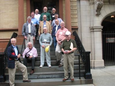 2006 Reunion 75th Anniversary Potter House Tour 3
On the front steps at 415 State Street
Bottom Row:  Unidentified?; Jack Higham
2nd Row: John Benton; Norman Arnold; Robert Benton;
3rd Row: Al Kaehn; Don Lein; Pat Pearson; Joe Schneider
Back Row: Joe Blackman; Fred Culbert; Don Kisiel; Harold Johnson 
