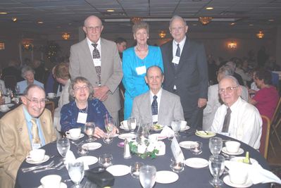 2006 Reunion 75th Anniversary 1939 1940 1943 1944 1950 1970 Table
Seated, L to R:  Ken Haser, `40; Kathleen Doran `70 M.S.; Ken Doran, `39; Norm Arnold, `40;
Standing, L to R:  Richmond Young, `44; Marjorie Thurlow, 50; Howard Lynch, `43
