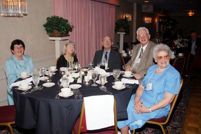 2006 Reunion 75th Anniversary 1953 1954 1955 1956 Table
Seated from L to R:  Vivian Schiro Benenati, `56; Sue Ann Rodgers; Fran Rodgers, `54;
Fran Streeter, `53; Mary Battisti Streeter, `55;
Missing from the table to Vivian's right at the time this photo was taken, Tom Benenati, `53
