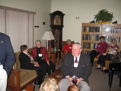 Reception in the Lounge
Seated : Bob Coan, `55; (Nancy Centra in foreground); 
Left: Bea Lehan Finnen, `54; Cathy Coan; Kate Loucks Johnson, `51; Barbara VanHorne Smith; and Arline Lacy Wood, `54
