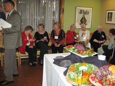 Reception in Potter Room
Far left: Gerry Leggieri, `68; 
Seated from left: Jan Mack Higham, `58; Elaine Romatowski Frankonis, `61; Frances Pavliga Zwicklbauer, `61; Kathyrn Loucks Johnson, `51; Georgiana Panton; Doris Vater Ward, `52; Joanne Krchniak

