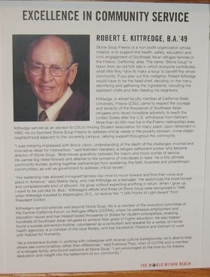 Reception Hallway
UAlbany Excellence in Community Service Award winner, Robert Kittredge, `49, a Potter man.  
He established Stone Soup Fresno, a non-profit organization whose mission is to support the health, safety, education and civil engagement of Southwest Asian refugee families in the Fresno, California area.  Kittredge is a retired faculty member at California State University, Fresno.
