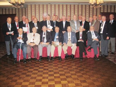 2010 Banquet Group including Past Presidents and Distinguished Alum
Front Row, L to R: Milan Krchniak, `53; David Manly, `52; Ron Graves, Pres., `58; J. Paul Ward, Pres., `53; James Finnen, Pres., `54; Robert Sage, Pres., `55; Harry Johnson, `51;
Row 2: Ray Champlin, `52; Harold Smith, `53; Bob Giammatteo, `53; Pat Pearson, `65; Ross Dailey, `58; Bernard McEvoy, `57; Tom Singleton, `52; Herb Egert, `53; Grant Downs, `68; Jack Higham, `57;
Row 3: Claude Palczak, `53; James Panton, `53; John Rookwood, `57; George Wood, `54; Art Weigand, `53; John Young, `54; Vince Mauriello, `68; Doug Davis, `69; Joe McCormack, `53; John Centra, Distinguished Alum, `54; Peter McManus, `54
