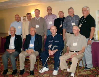 Friday Evening Reception
Potter Club Presidents

Seated from the Right: Carlton Coulter, 1935; Thomas Yole, 1952; Paul Ward, 1953; Robert Sage, 1955;
 
Standing from the Right: James Sweet, 1956; Ronald Graves, 1958; Carl Herman, 1962; Daniel Schultz, 1962; Gary Penfield, 1963; John Schneider, 1965 (1st Sem.); Fred Culbert, 1965 (2nd Sem.)

Plaque Honorees among the Group: 
Paul Ward, 53, University Award, Excellence in Professional Service, 1984; 
Robert Sage, 55, Myskania; 
Carl Herman, 62, University Award, Bertha E. Brimmer Medal, 1970; 
Daniel Schultz, 62; Myskania
Gary Penfield, 63, University Athletic Hall of Fame, Soccer; Myskania
