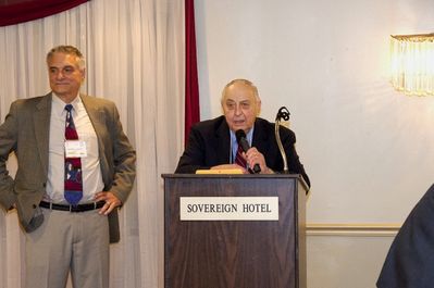 Saturday Banquet
Emcee Gerry Leggieri, 68 at left.
Milan Krchniak, 53, at podium makes presentation speech for Paul Ward, Potter Man of the Era Award.
