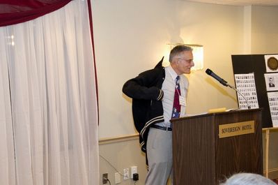 Saturday Banquet
Emcee Leggieri dons Potter "State" jacket to get in the mood for his duties.
