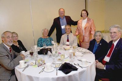 Saturday Banquet
Seated, L to R: Roger Gorham, 69; Linda Greene Gorham, 70; Rebecca Severance Leggieri, 77 MS; Gerald Leggieri, 68; Vincenza Davis; Doug Davis, 69;
Standing: Richard Szymanski, 67; Kay Hotaling, 66, Pres., UAlb Alumni Association

Richard Szymanski, 67, is also a Myskania Plaque Honoree.
