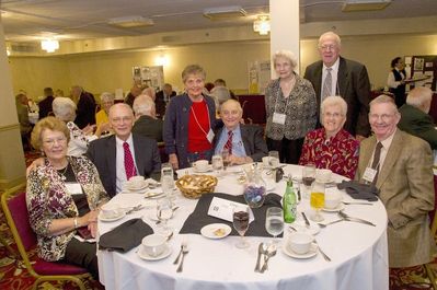 Saturday Banquet
Clockwise, L to R: Barbara Van Horne Smith; Harold Smith, 53; (standing) Joanne Krchniak  Milan Krchniak, 53; (standing) Louise Hann Egert, 55; Herb Egert, 53; Pamela Calabrese Weigand, 54; Art Weigand, 53

Harold Smith, 53, is also a Myskania Plaque Honoree
