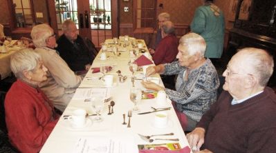 2019 Fall Luncheon at Avila Senior Center, October 22, 2019
Clockwise from Left: Barbara Strack McEvoy, Chi Sig,`57; Bernie McEvoy, `57; (across table) Annette Anderson; Joe Anderson, `57
