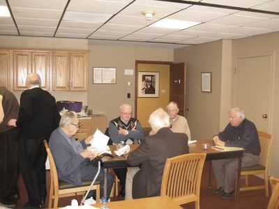 2011 Albany Luncheon at Potter Room Alumni House, April 16
Seated, clockwise: Milan Krchniak, `52; Bob Umholtz, `51; Carlton Coulter, `35; Paul Ward, `53; Jim Panton, `53 (back to camera)
