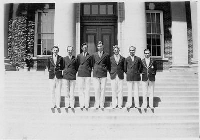 Potter Club Early Days 1934-1935
"Chiselers Inn," 411? - 413? Washington Avenue.  
Forerunner of Potter Houses
L to R: Glenn M. Ungerer, `36; W. Kenneth Christian, `35; Harry T. Gumaer, `37; Charles N. Morris, `37; Carlton Coulter, `35; W. James Zubon, `38; Robert Foland, `36
Picture provided by Carlton Coulter, Pres., 1935

