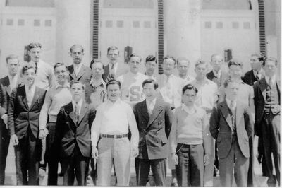 Potter Club Early Days 1934-1935
Potter Club - May 22, 1934
Front Row, L to R: Samuel Dorrance, `32; John Murphy, `37; Thomas Breen, `37; Robert Foland, `36; James Dolan, `34
Second Row: James Beale, `37; Frederick Stunt, `37; W. Kenneth Christian, `35; Richard Margison, 36; John P. Cullen, `37; Carlton Coulter, `35; Evan Pritchard, `36; Charles H. Robson, Jr., `34
Third Row: Thurston Paul, `35; Robert Stern, `35; James VanderPoel, `37, Author of Potter Song Music; Robert Benedict, `37; Clarence Sackey, `36; W. James Zubon, `38; Robert MacGregor, `37; Theodore Eckert, `34; Frederic Lauder, `37
Picture provided by Carlton Coulter
