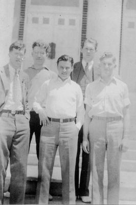 Potter Club Early Days 1934-1935
Probably Spring, 1934
Outgoing (1934-1935) and Incoming Club Officers (1934-1935 and 1936-1937)
L to R: John Bills, `35; Evan Pritchard, `36; John Murphy, Pres., `37; Charles Robson, Pres. `34; Carlton Coulter, Pres., `35
Picture provided by Carlton Coulter
