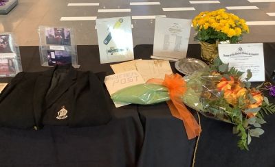 Potter Club 90th Anniversary October 15, 2021
Potter Memorabilia on Display
Many thanks to Dick and Ann Fairbank for their efforts.
Note also, the beautiful arrangement of Talisman Roses.
The arrangement was presented to Loida Vera Cruz along with a plaque at the dinner.
The Fairbanks also worked closely with a florist to obtain the arrangement.
